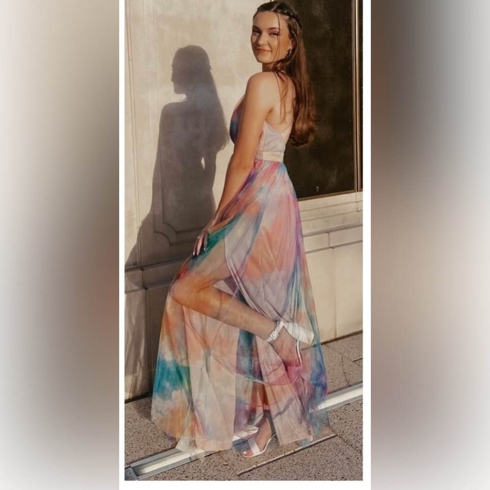 Elegant Moment Multi Watercolor Backless Maxi Dress - Picture 3 of 11